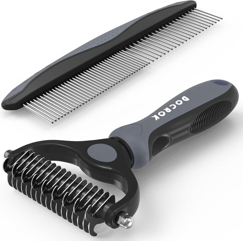 Docrok Pet Grooming Brush and Metal Comb Combo, Cat Brush Dog Brush for Shedding, Undercoat Rake for Dogs Grooming, Dematting Deshedding Brush Dogs Shedding Tool for Long matted Haired Pets, Gray - Image 1